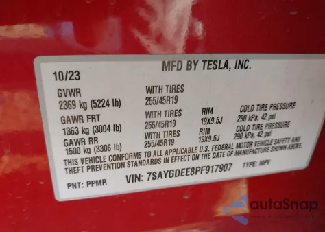 2023 Tesla Model Y Awd/Long Range Dual Motor All-Wheel Drive from USA, damaged, VIN 7SAYGDEE8PF917907